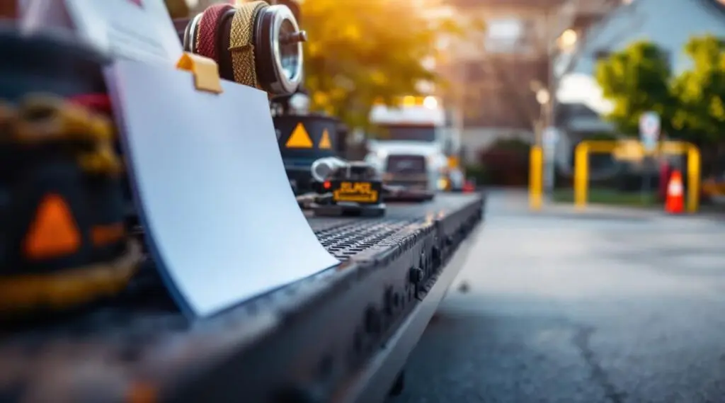 An Iron Wheel Towing flatbed truck preparing to tow an illegally parked vehicle from a commercial lot in downtown Hartland.