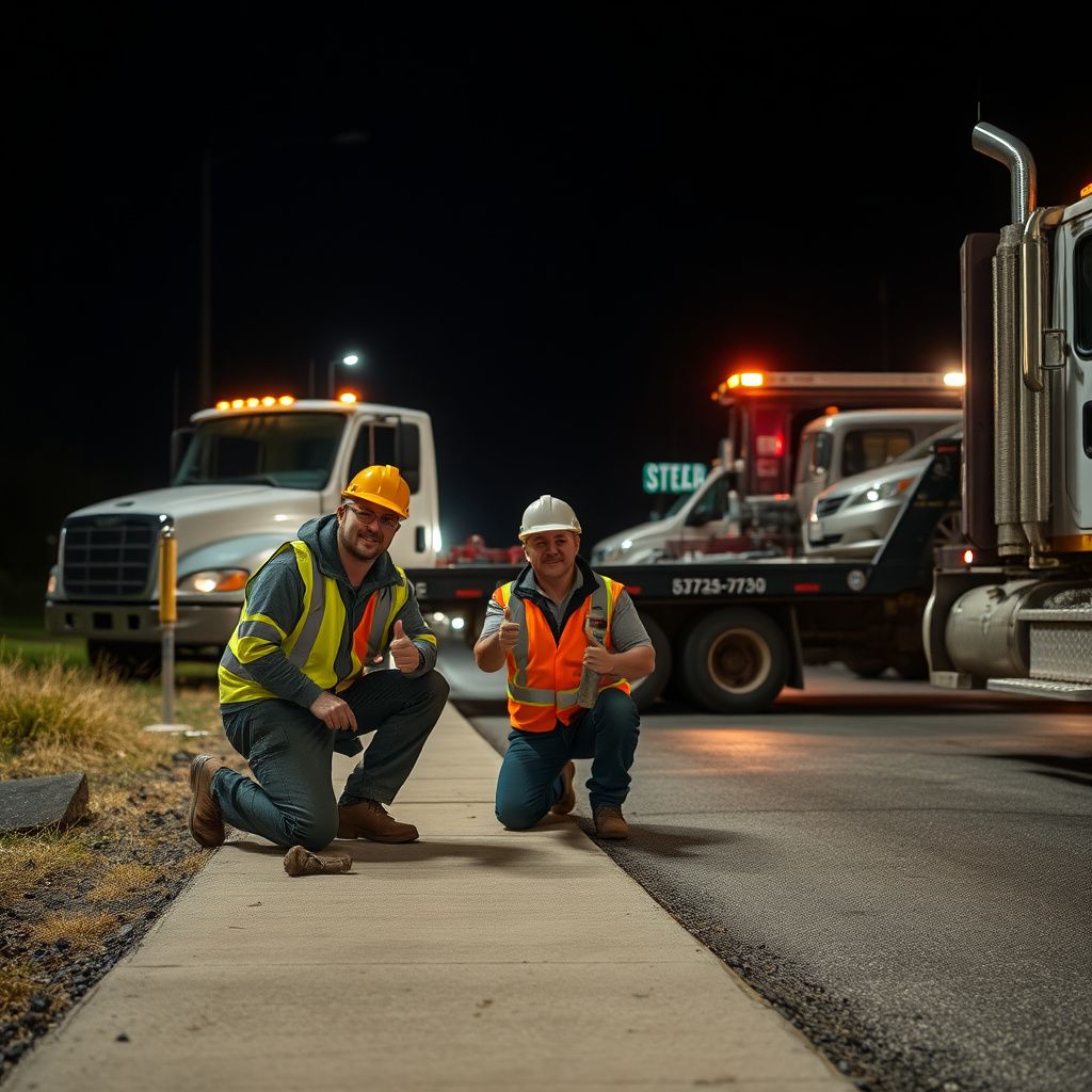 A professional tow truck operator in high-visibility safety gear standing next to a clean flatbed truck in Hartland.