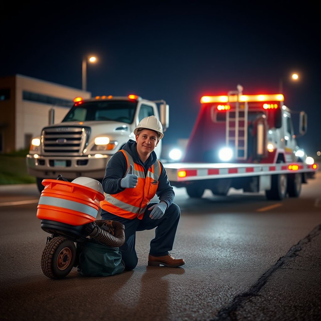 A secure flatbed tow truck with a strapped vehicle ready for transport under clear skies in Mequon.