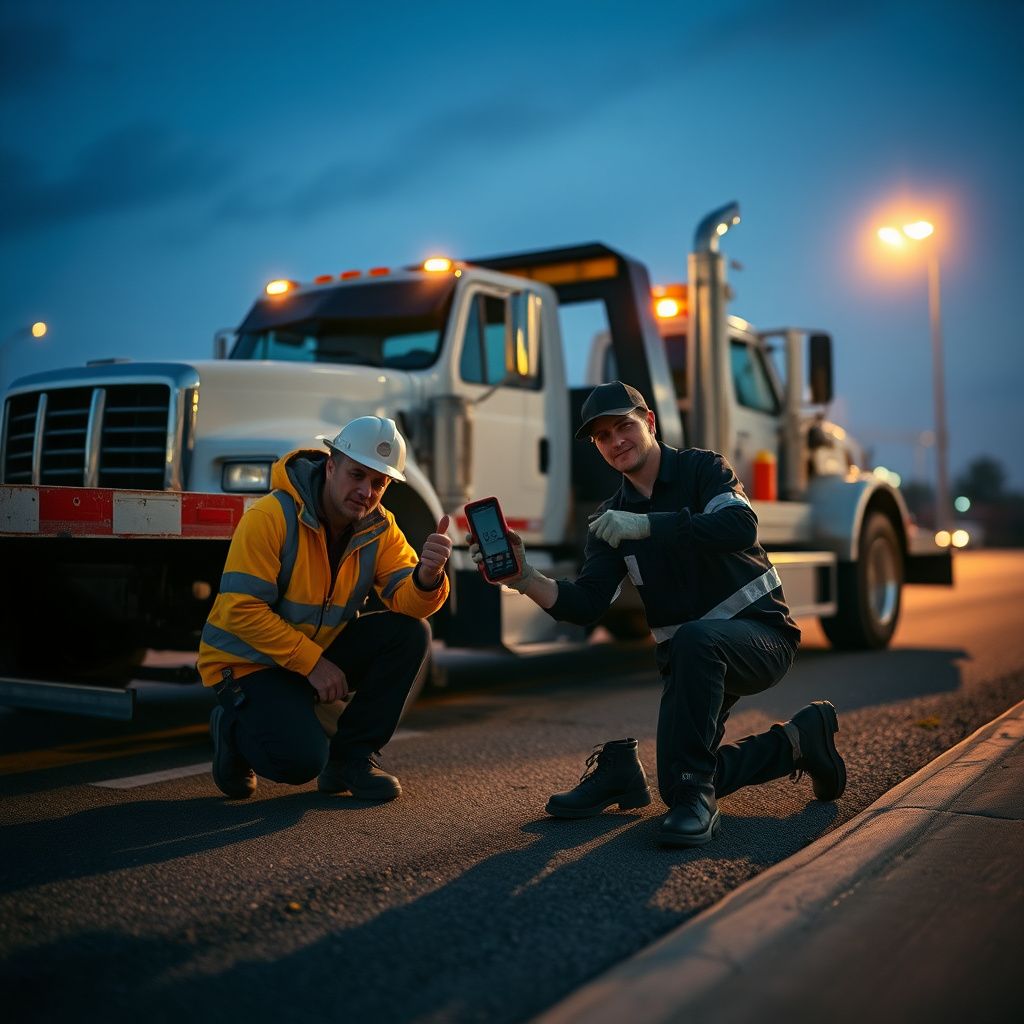Close-up of a tow truck operator securing a vehicle with heavy-duty straps on a street in West Allis, Wisconsin.
