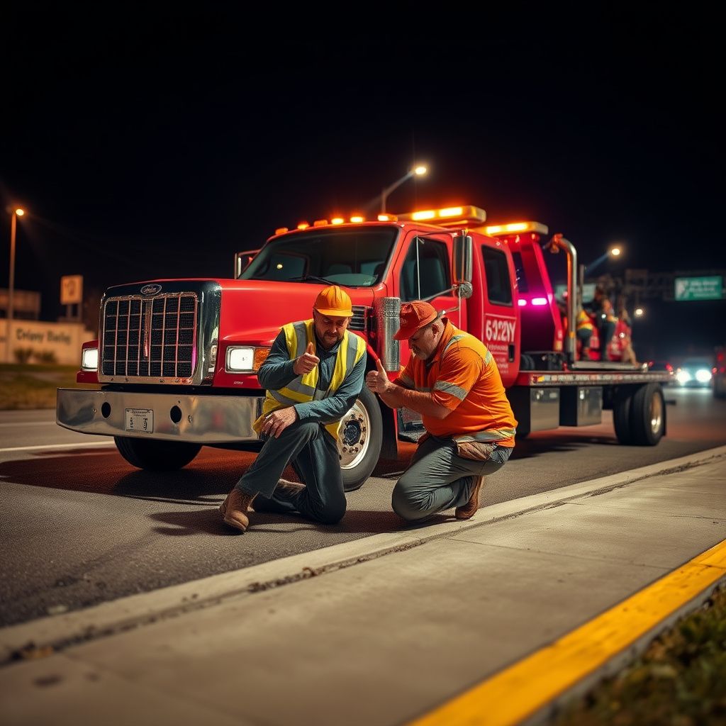 A close-up of a tow truck operator safely securing a vehicle's tire with a soft strap on a flatbed.