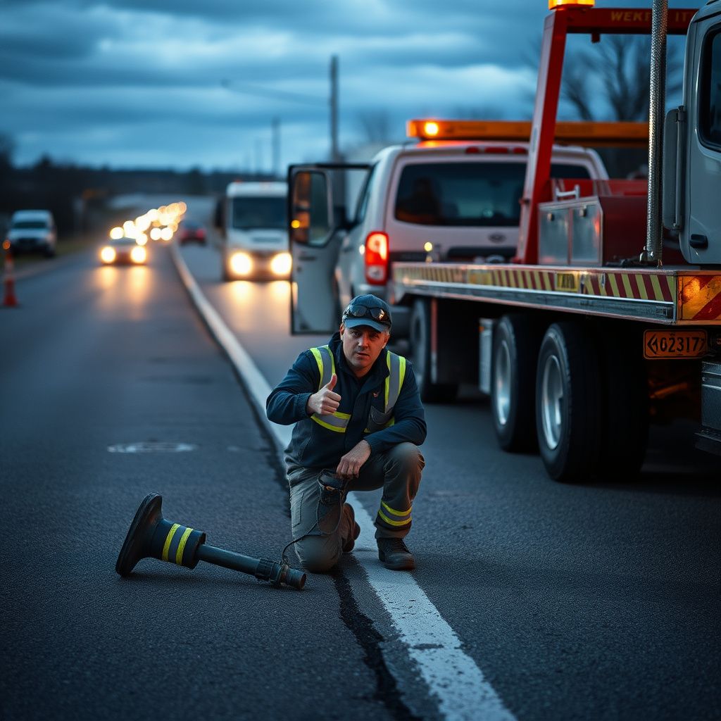 A professional tow operator in high-visibility safety gear securing a car onto a flatbed truck in Brookfield.